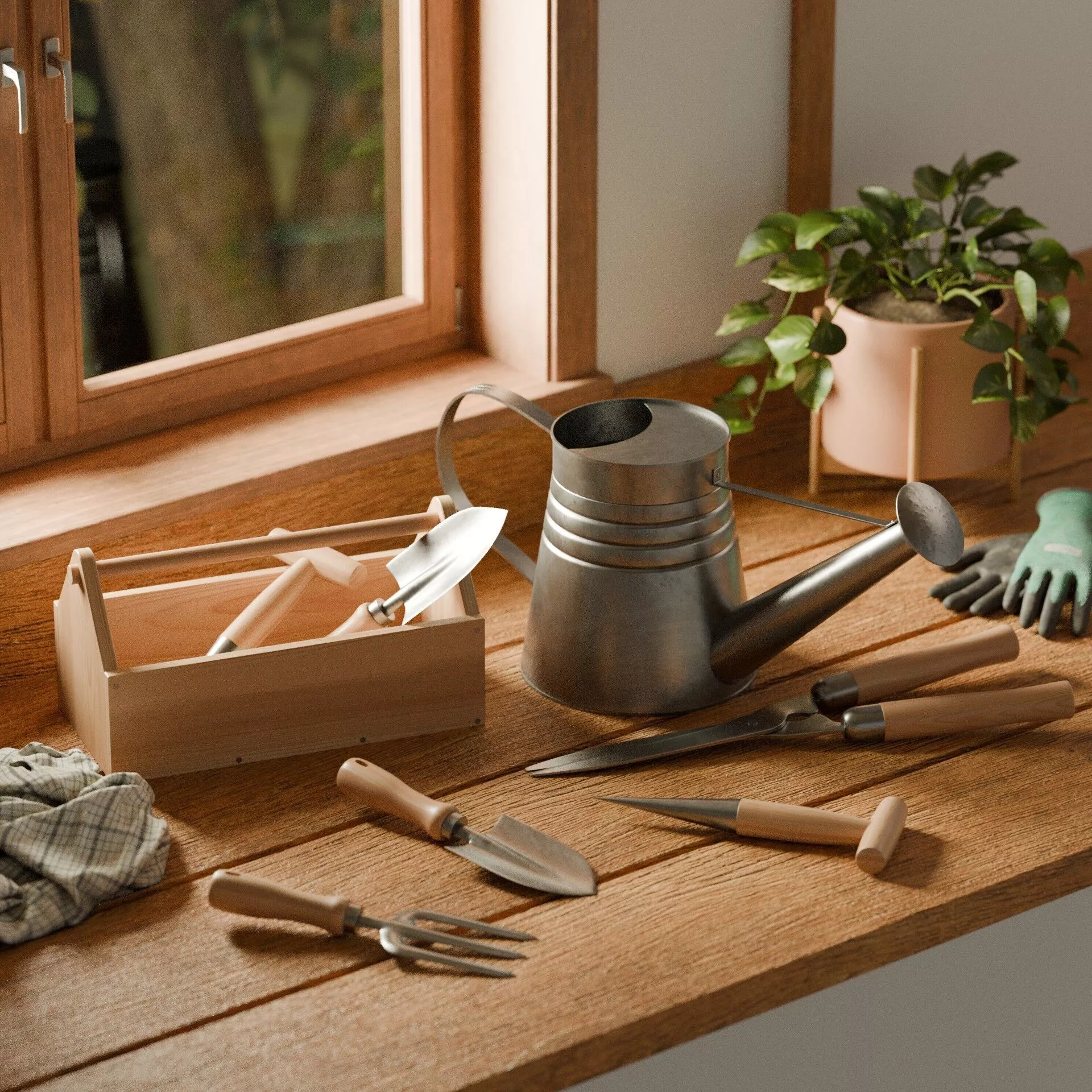 Rustic Wooden and Metal Garden Tool Kit - 6 Pieces 3D model