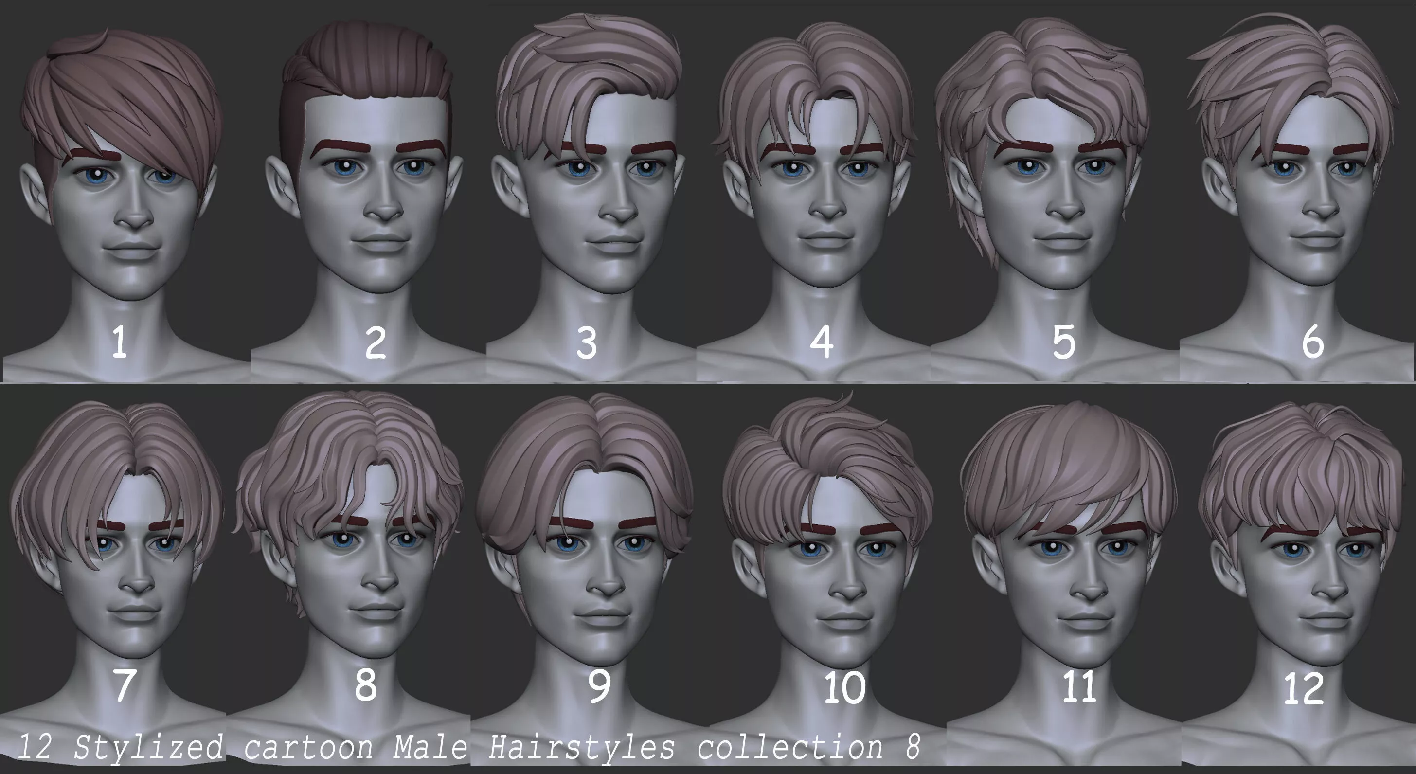 Highpoly and Lowpoly 12 Stylized cartoon male anime Hair 8 Low-poly 3D model