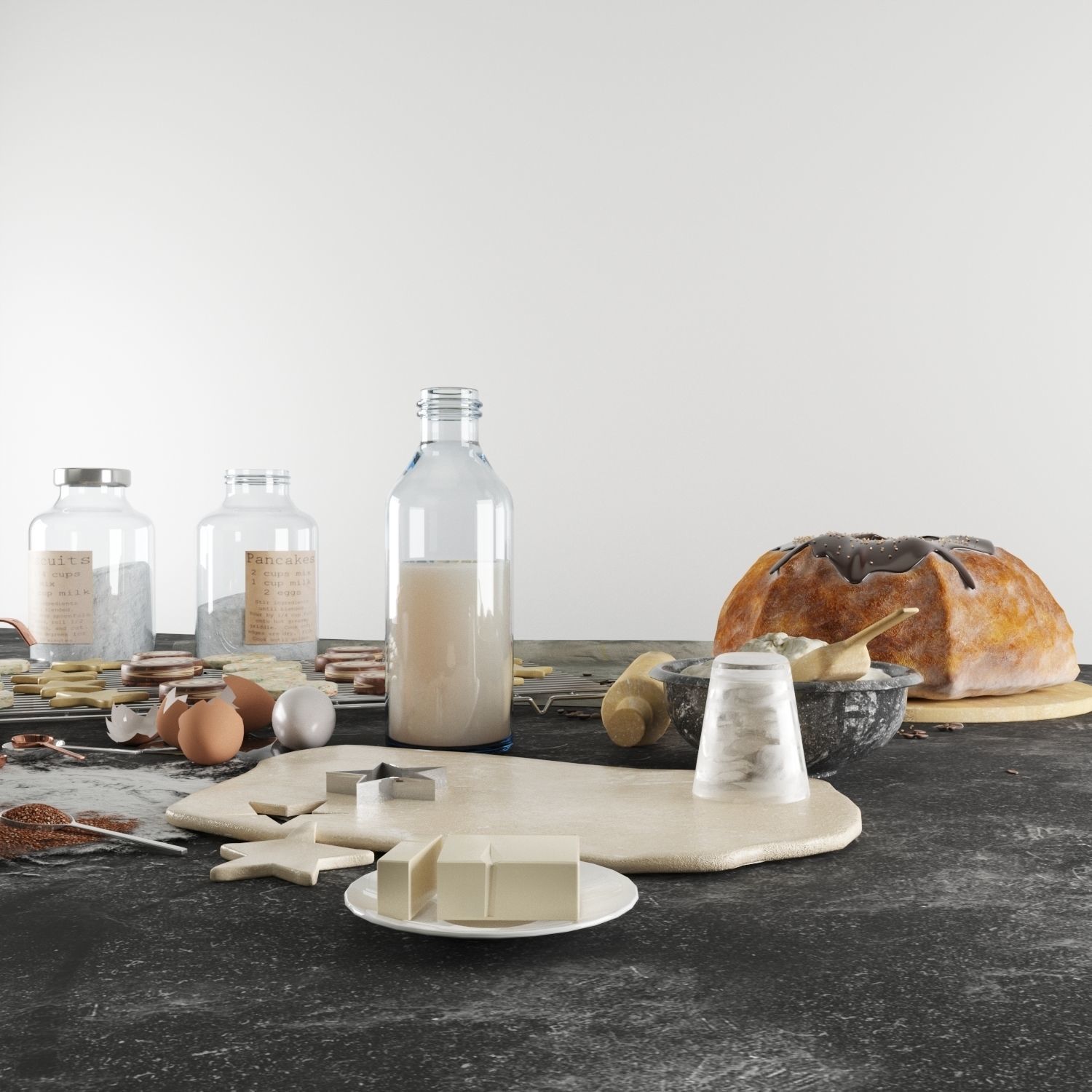 Baking set ingredients and utensils on table 3D model_2