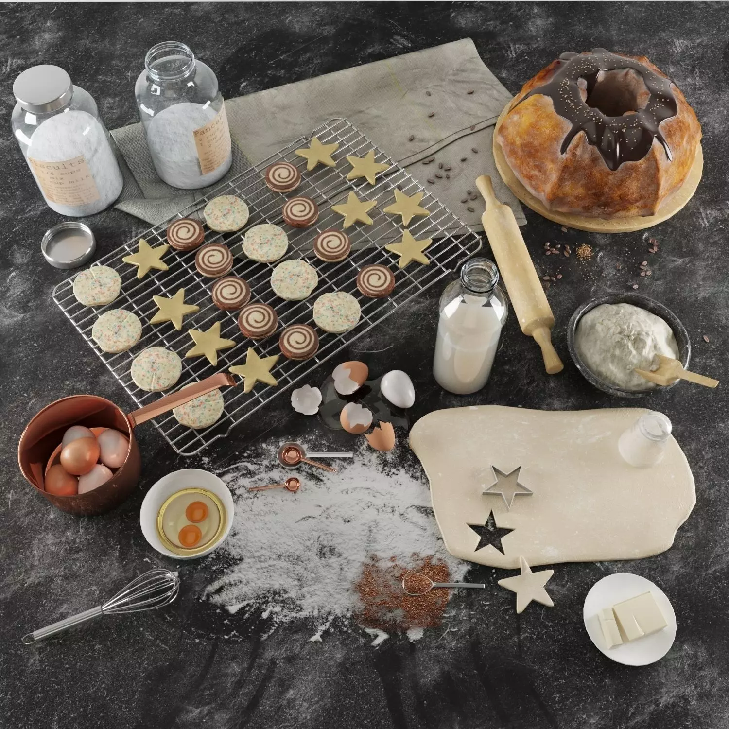 Baking set ingredients and utensils on table 3D model_0
