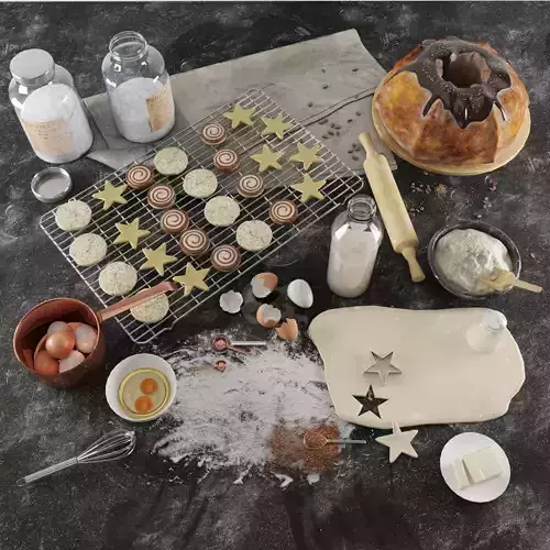 Baking set ingredients and utensils on table 3D model