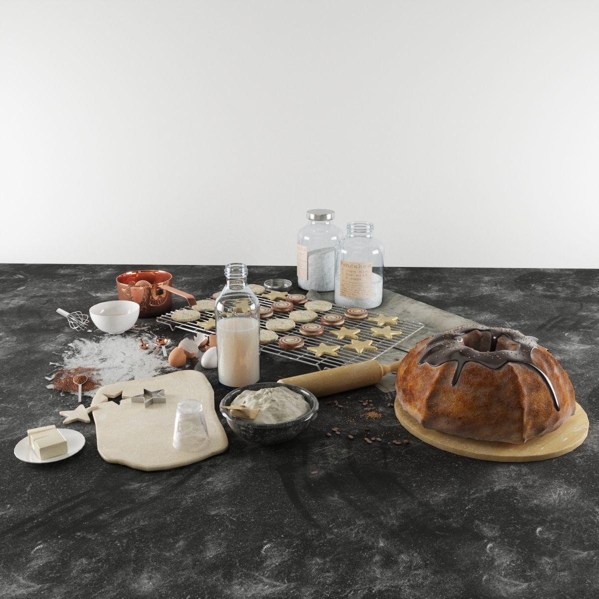 Baking set ingredients and utensils on table 3D model_5