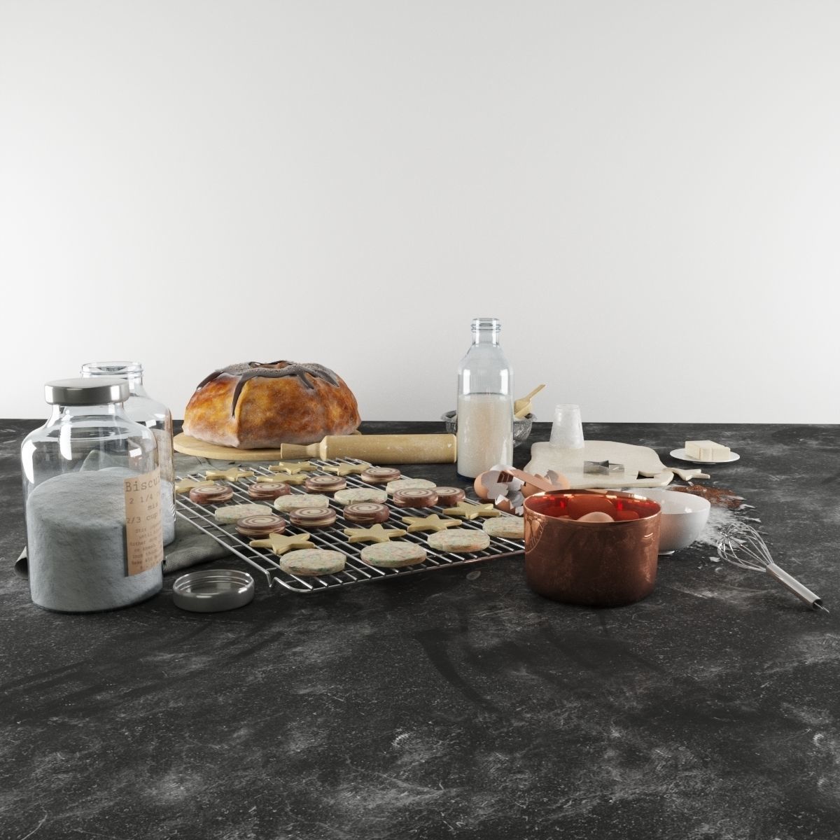 Baking set ingredients and utensils on table 3D model_4