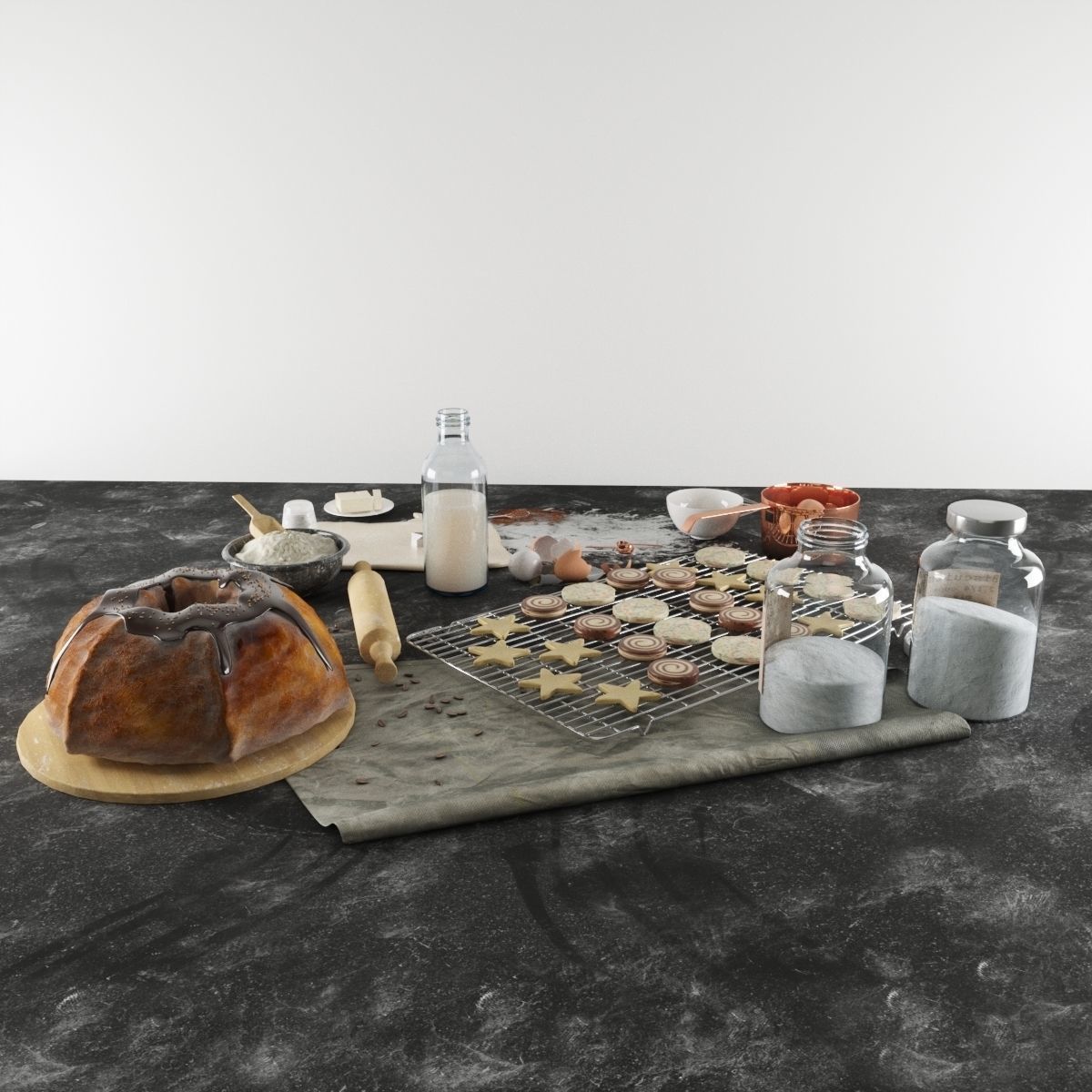 Baking set ingredients and utensils on table 3D model_3