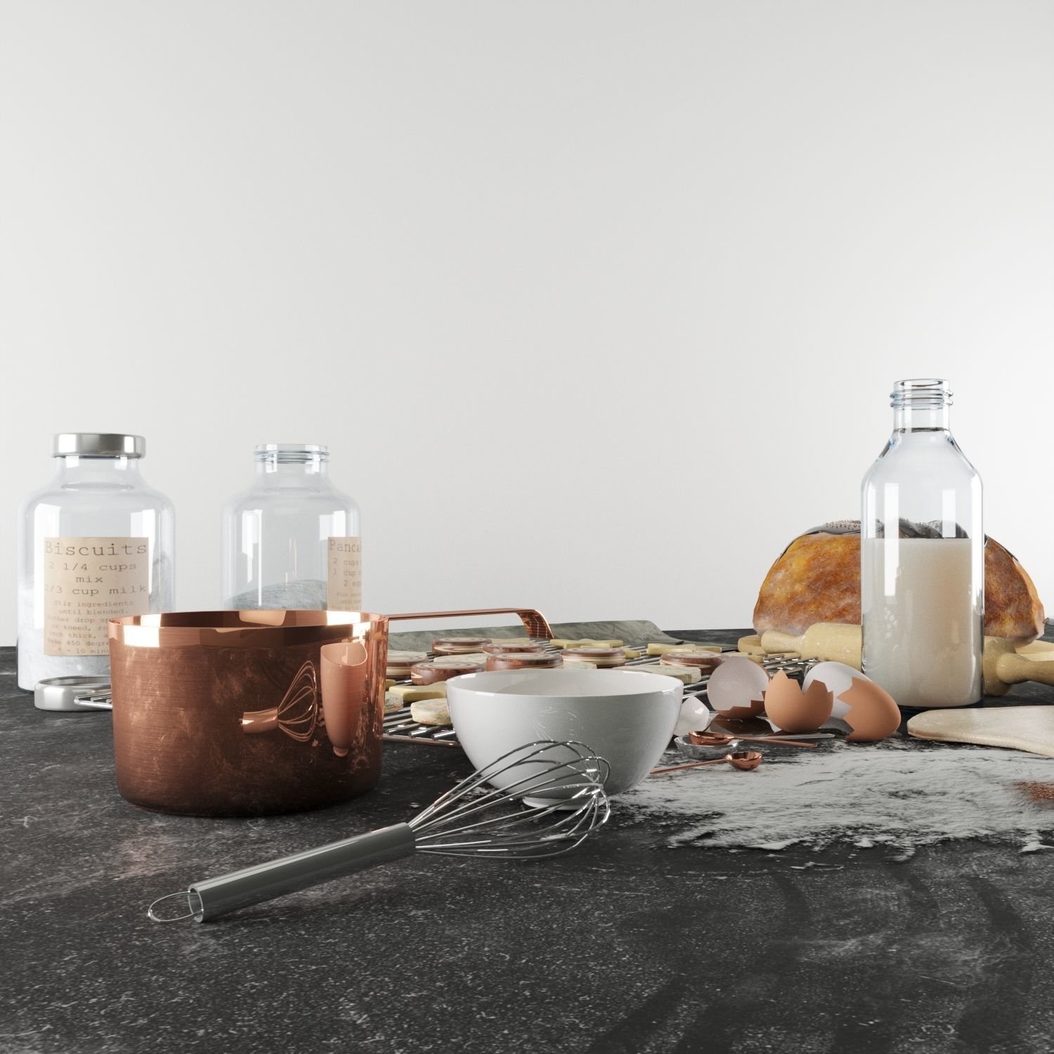 Baking set ingredients and utensils on table 3D model_1