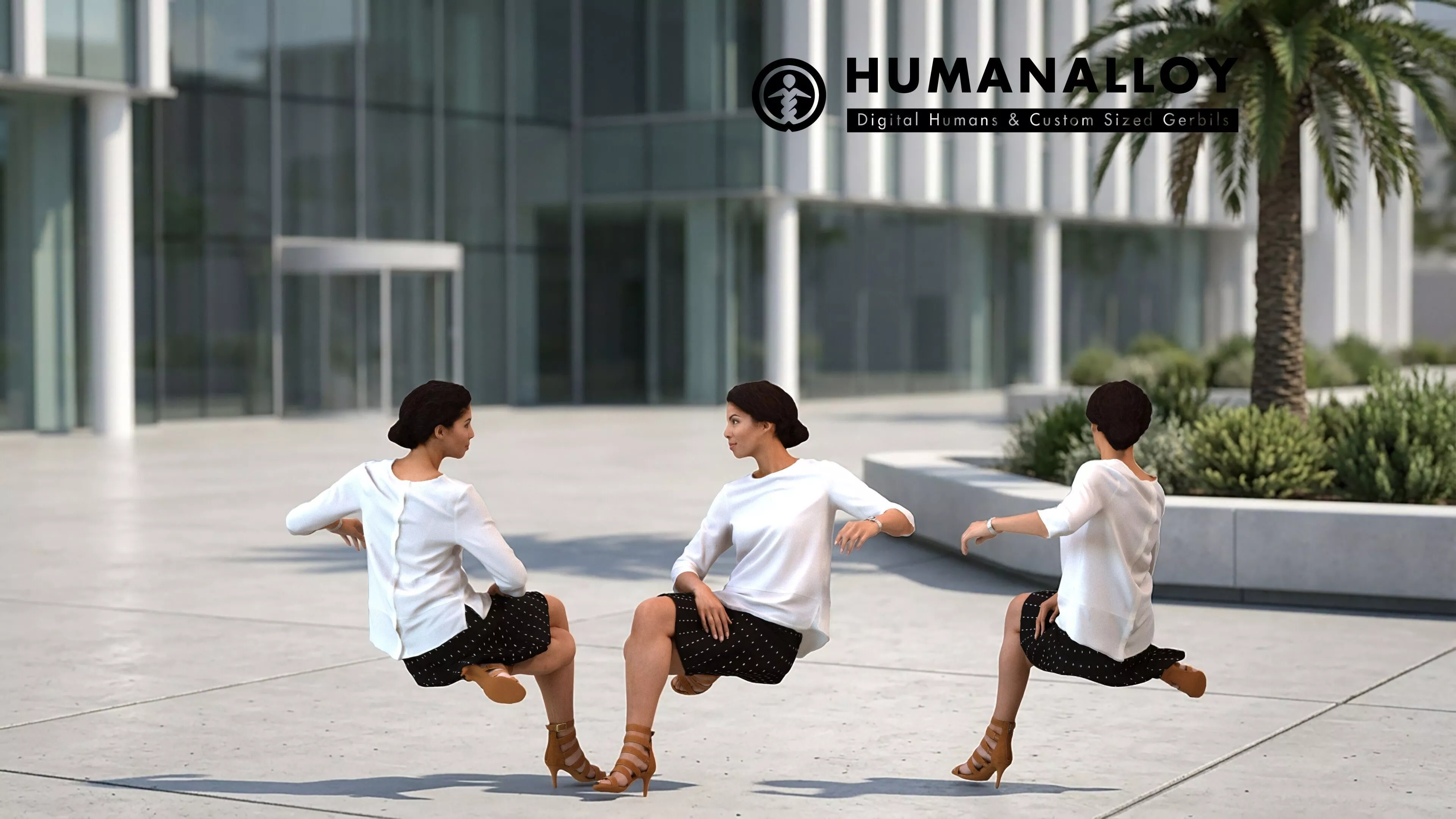 Adult Black woman relaxing in public space wearing transitional 3D model