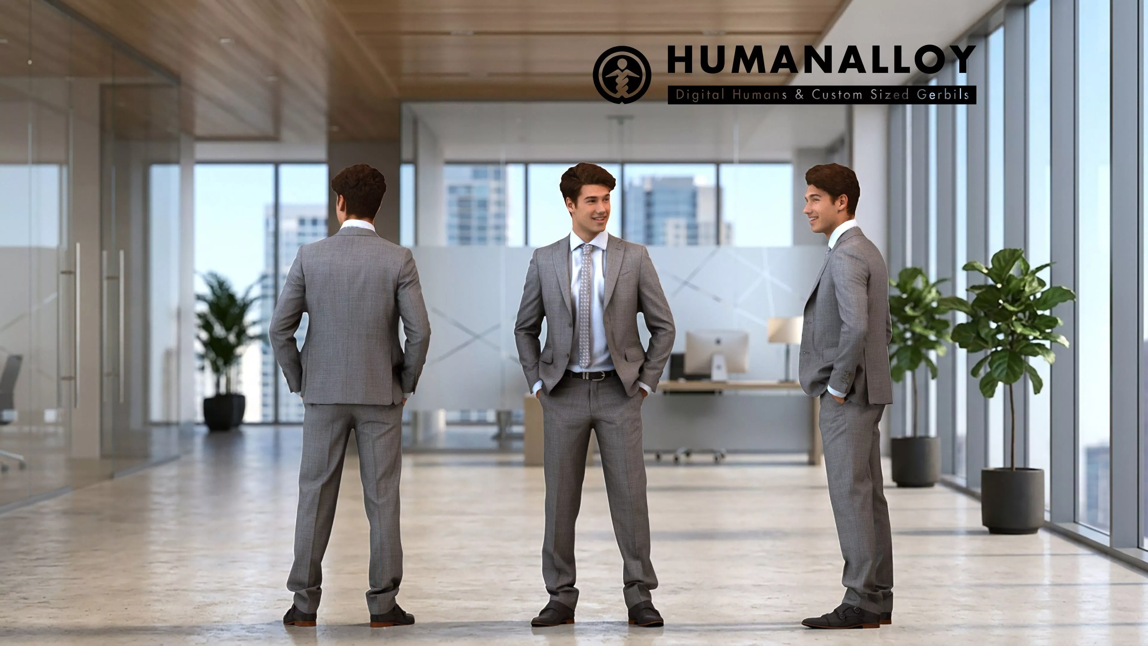 Adult Caucasian man waiting in office wearing transitional 3D model