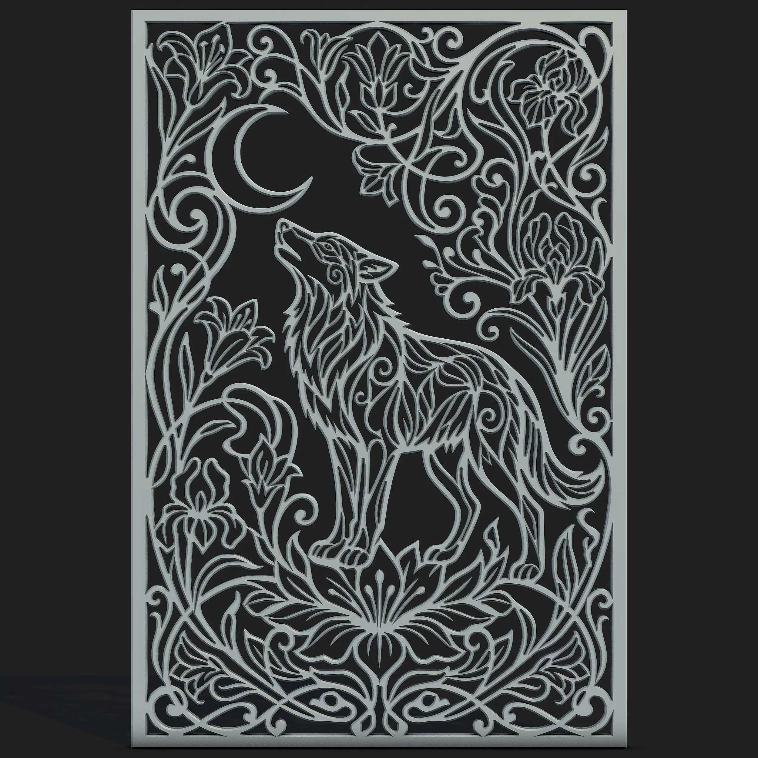 Wolf With Moon Art Nouveau Decorative Panel SVG STL CNC Wall Art 3D print model
