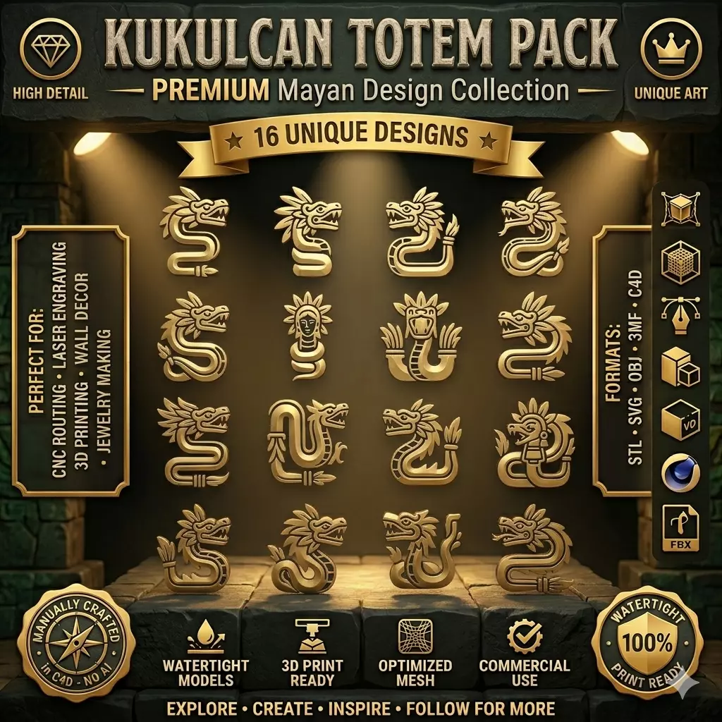 Kukulcan Maya Feathered Serpent Pack 16 Unique 3D Vector Designs 3D print model