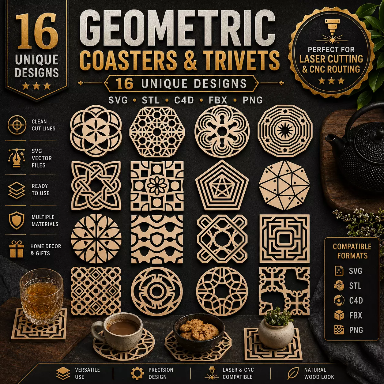 Geometric Coasters Trivets SVG STL CNC Laser Cut Pack 3D print model