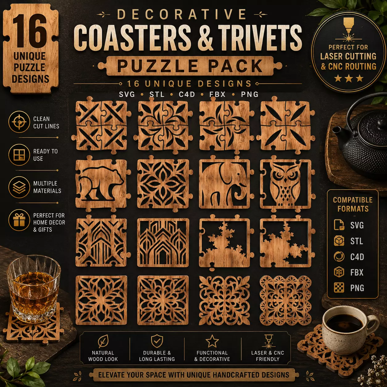 Decorative Coasters Trivets Puzzle Pack SVG STL CNC Laser Cut 3D print model