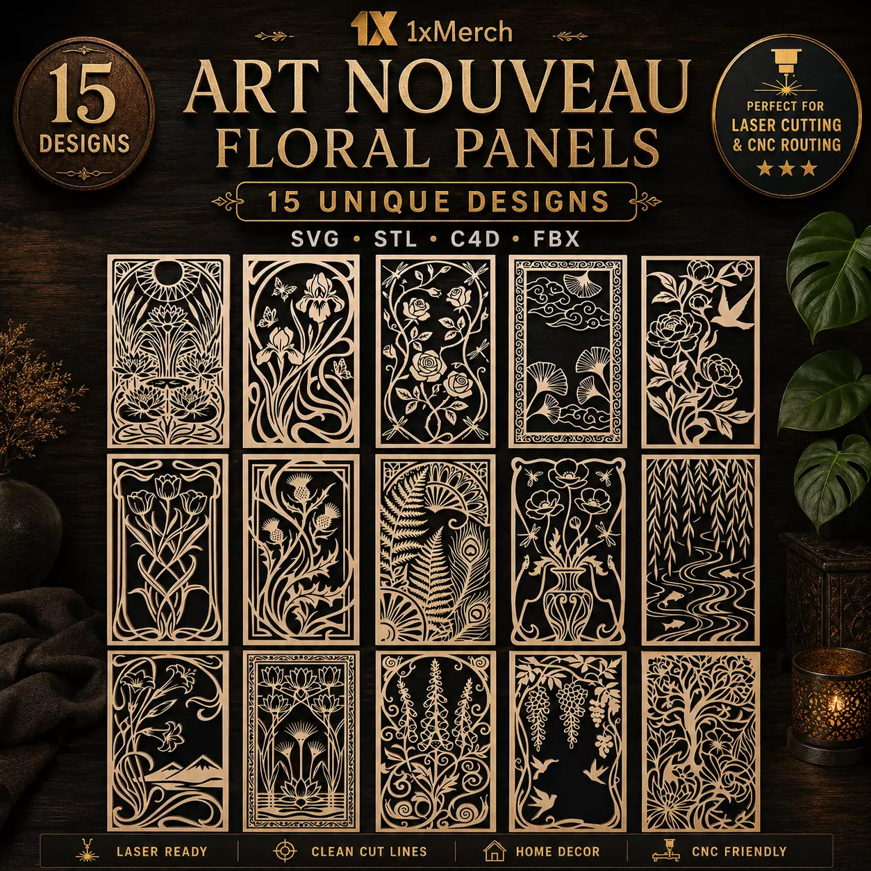 Art Nouveau Floral Panels Collection Decorative CNC Laser Cut 3D print model