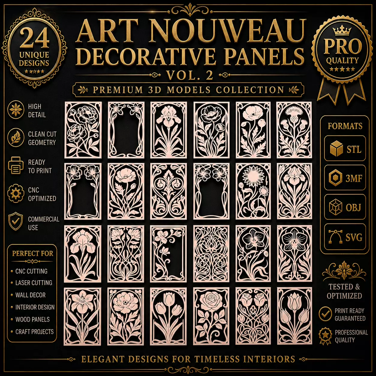 Art Nouveau Decorative Panels Vol2 CNC SVG STL Pack 24 Designs 3D print model