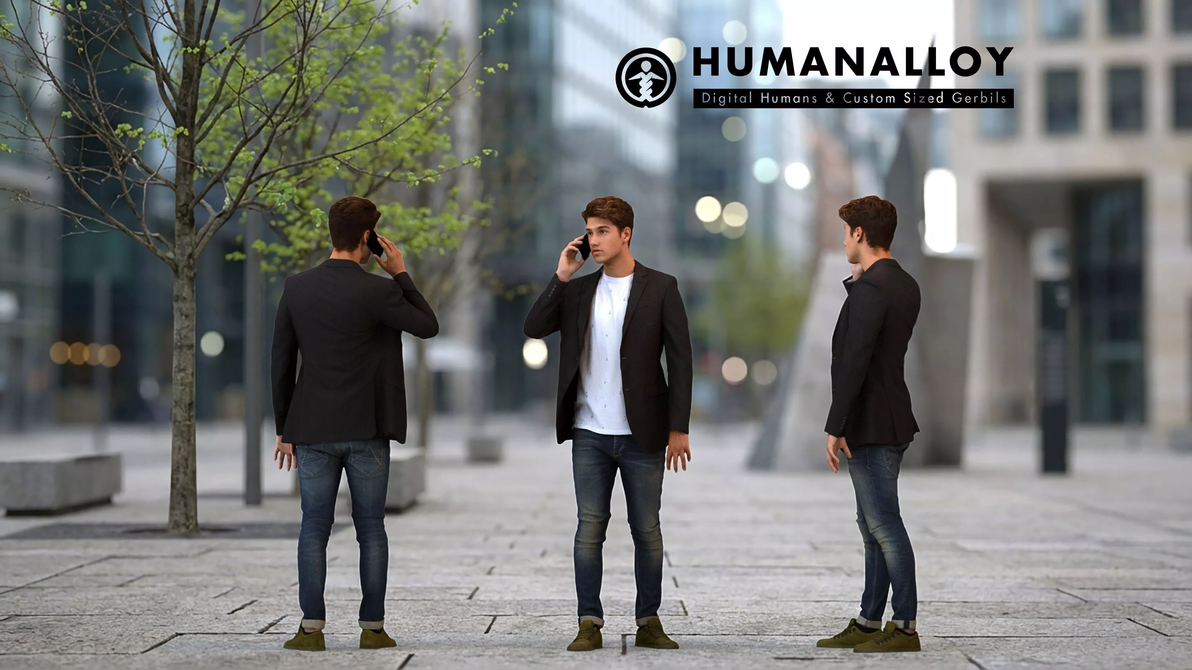 Adult Caucasian man making phone call in public wearing 3D model