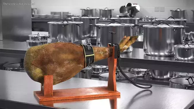 Iberico Ham Leg on Wooden Carving Stand 3D model 3