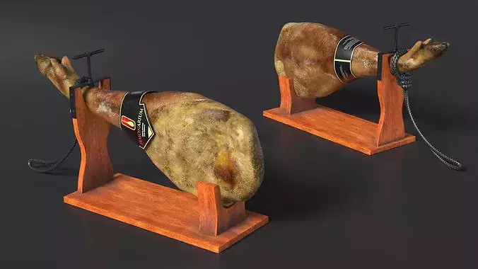 Iberico Ham Leg on Wooden Carving Stand 3D model 4