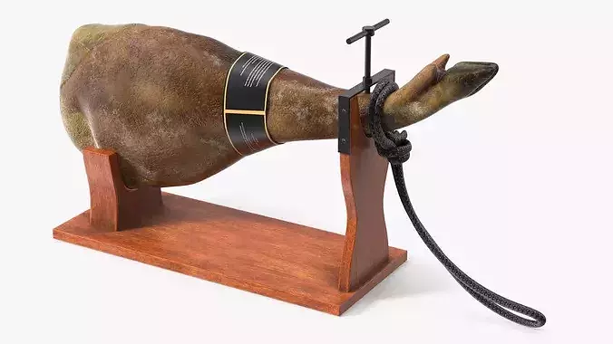 Iberico Ham Leg on Wooden Carving Stand 3D model 7