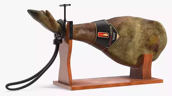 Iberico Ham Leg on Wooden Carving Stand 3D model