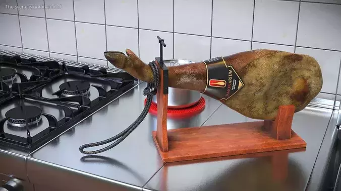 Iberico Ham Leg on Wooden Carving Stand 3D model 2