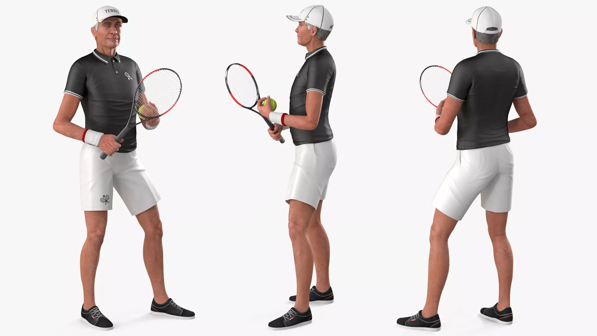 Elderly Tennis Player with Racket and Ball Rigged for Maya 3D model