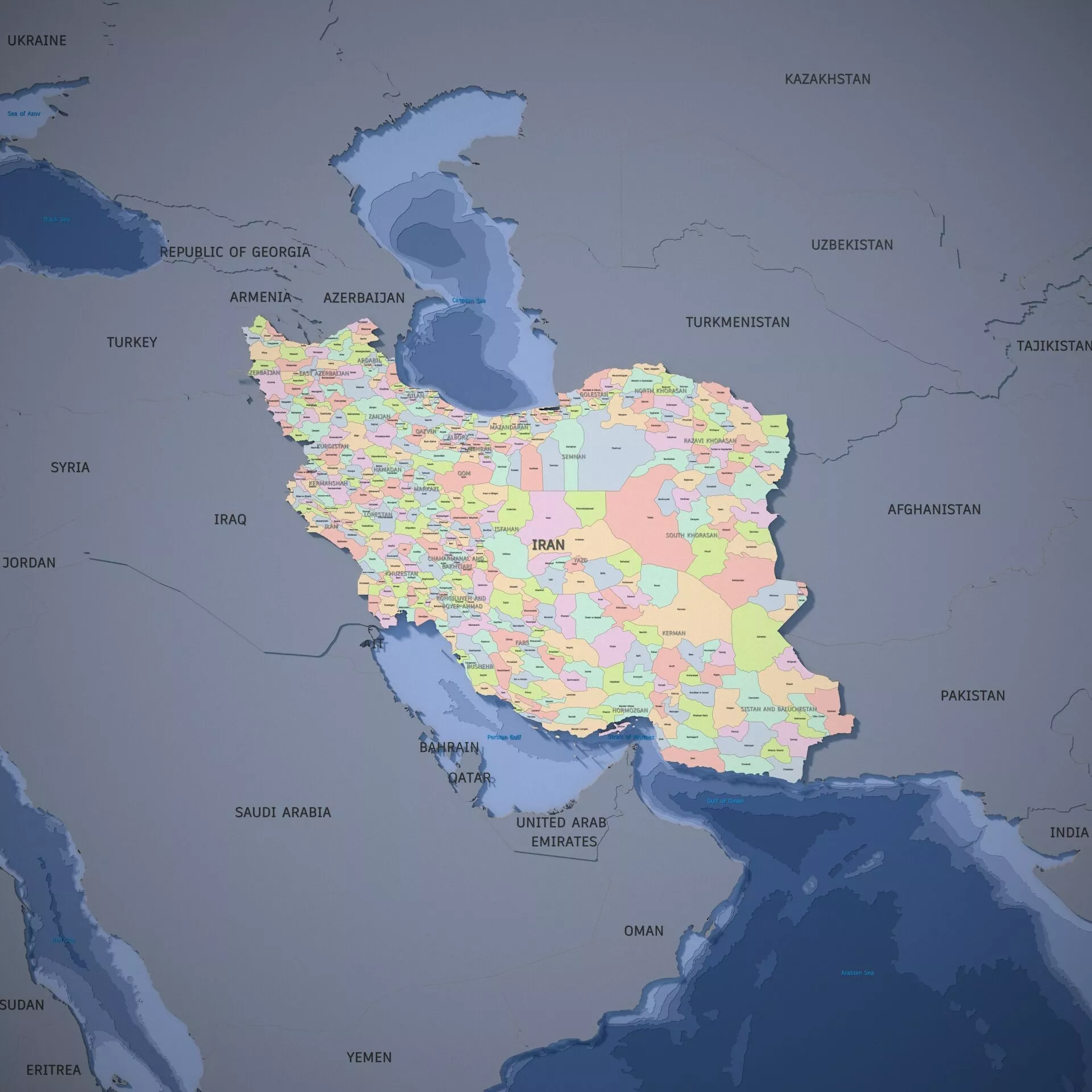Iran 3d map-Lat Long Coords-Counties-Standard 3D model