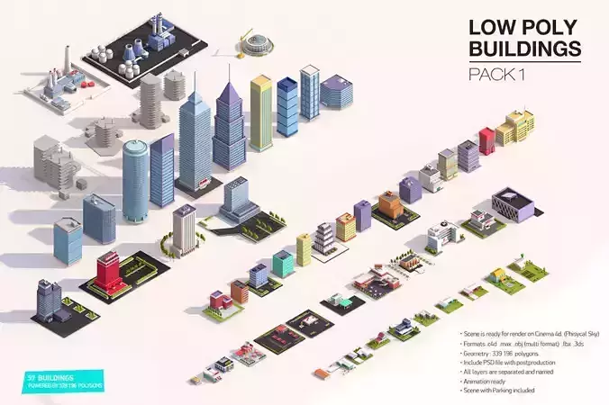 Low Poly Buildings Pack 3D model