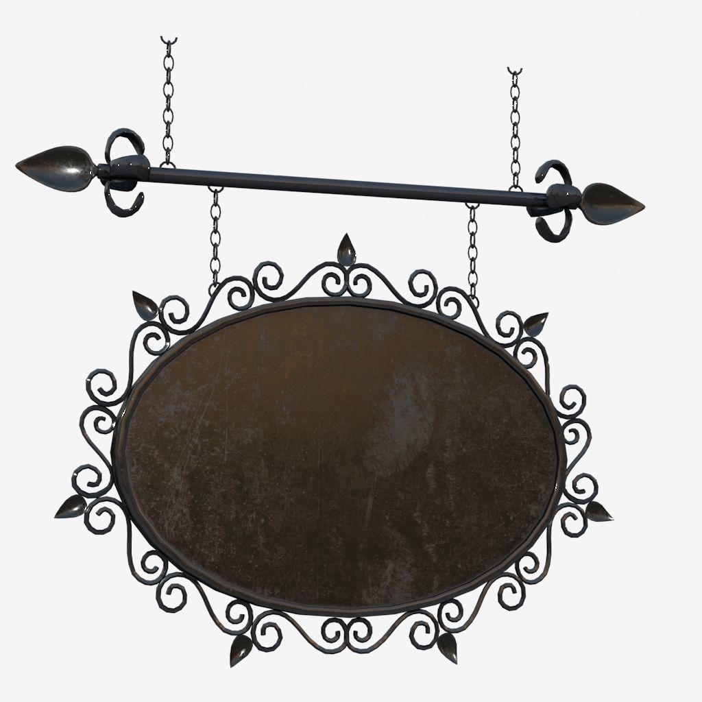 Signboard ornate metal sign hanging from chain 3D model_5