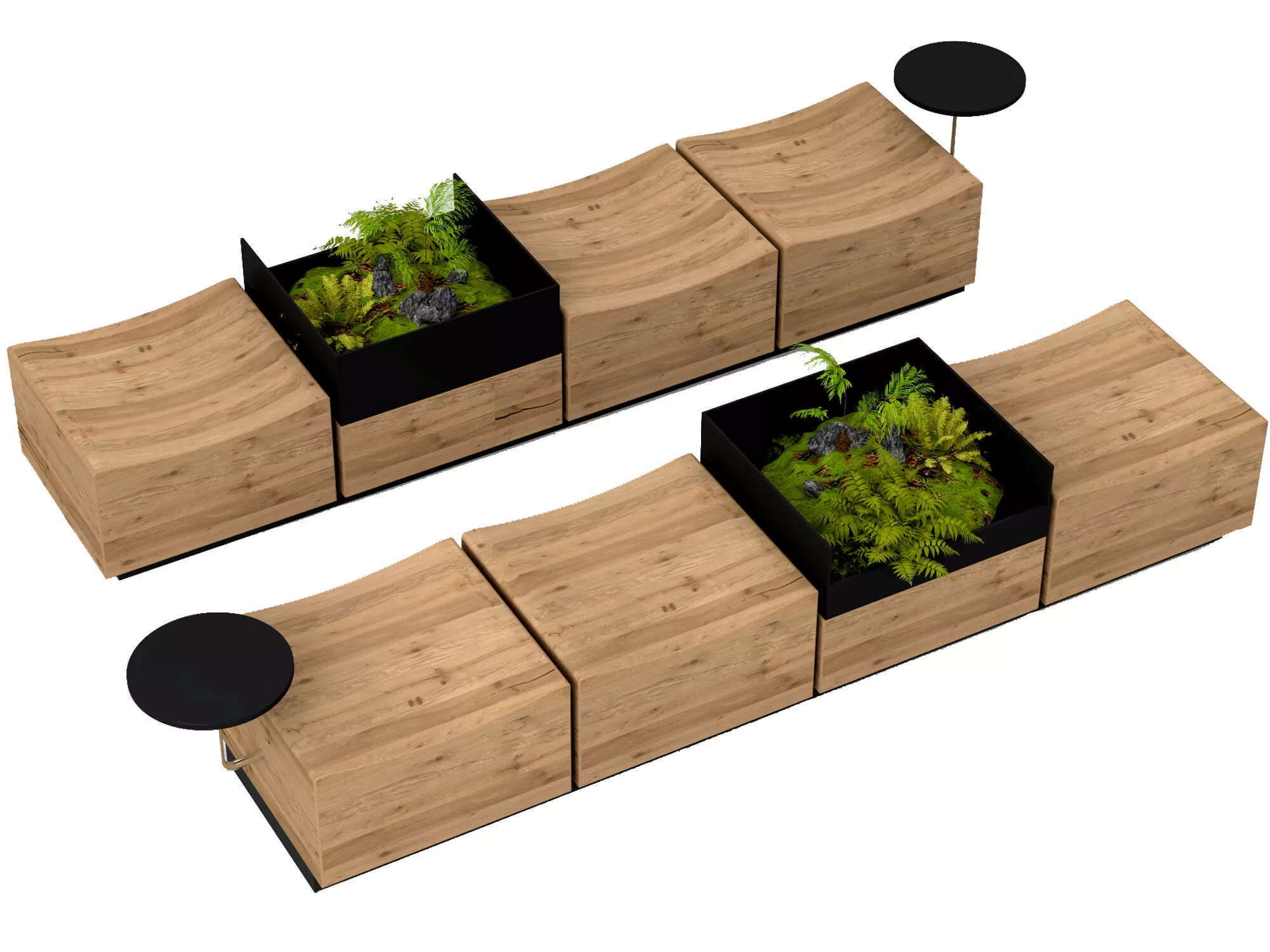 Modular Wooden Public Bench with Integrated Planter 3D model