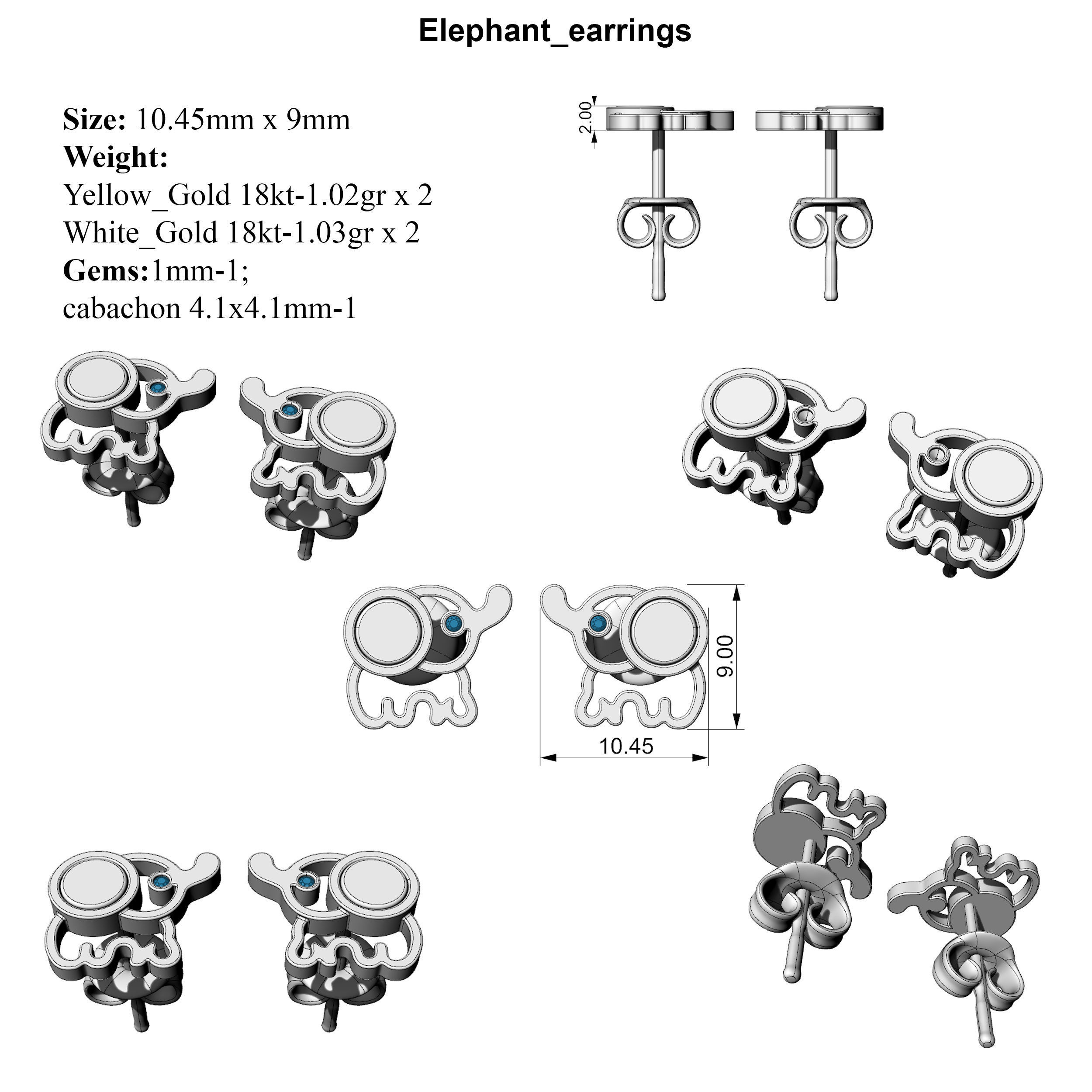 Elephant earrings 3D print model_2