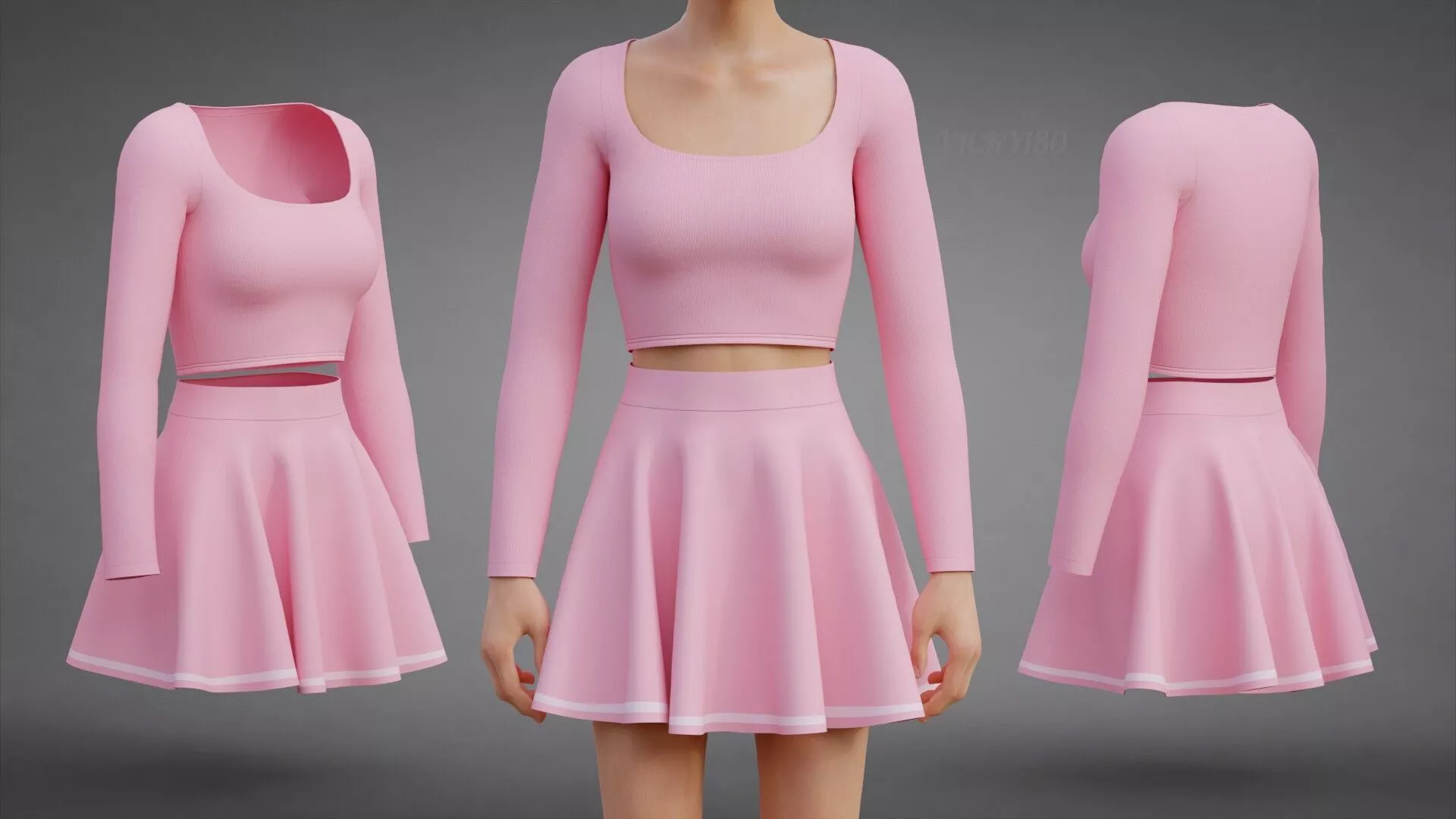 Womens Crop Top Skater Skirt Clothing - Cute Two Piece Outfit Low-poly 3D model
