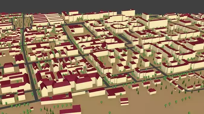 Village low poly city with buildings and trees