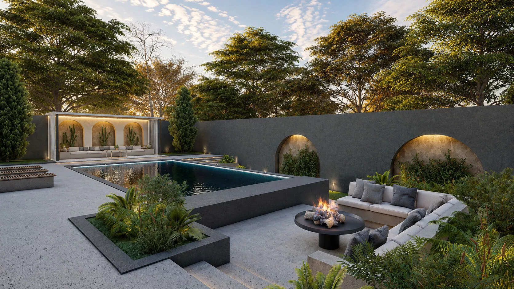 Luxury Backyard with Infinity Pool Fire Pit and Pergola 3D model