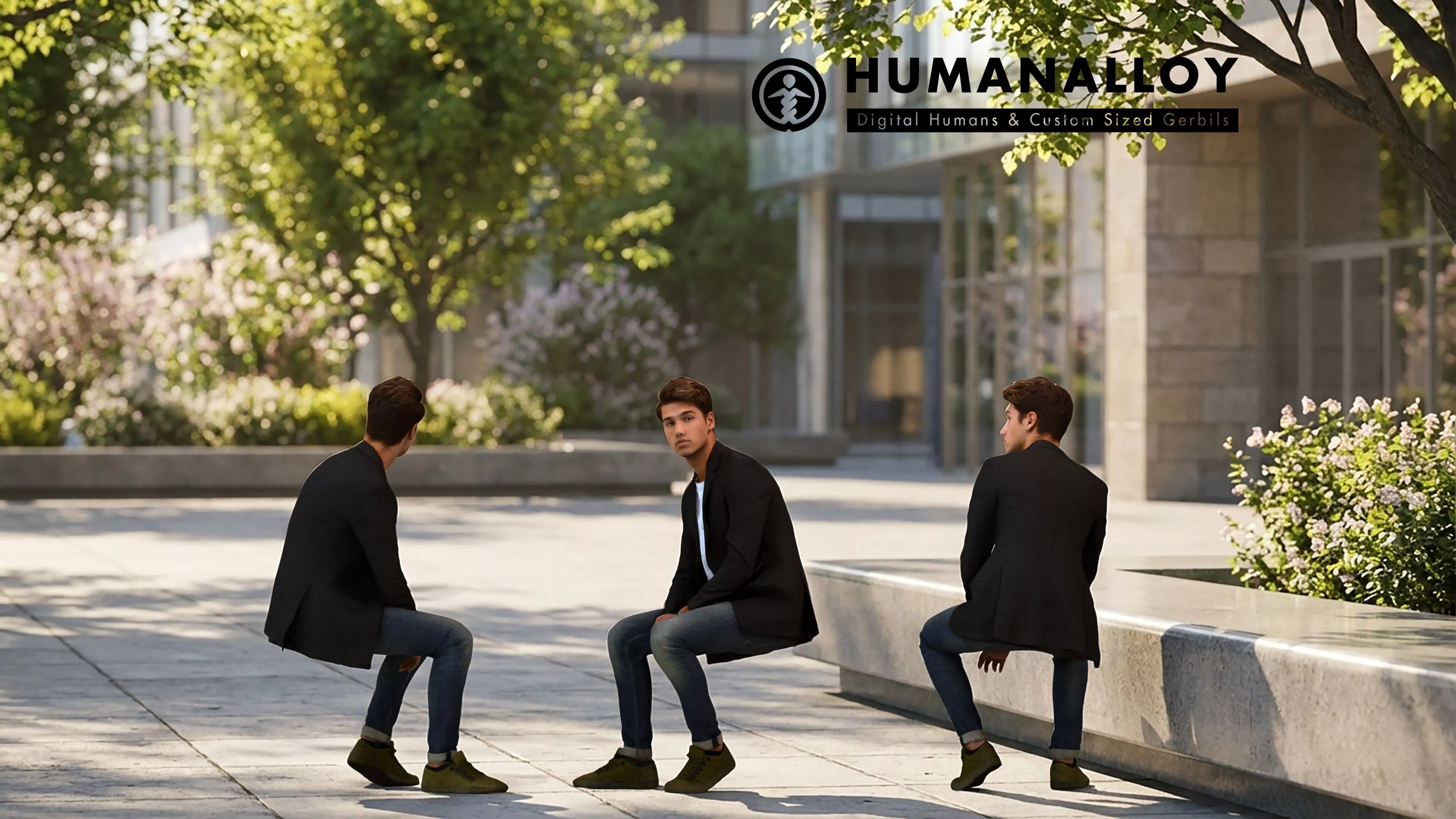 Adult Caucasian man relaxing in public space wearing 3D model