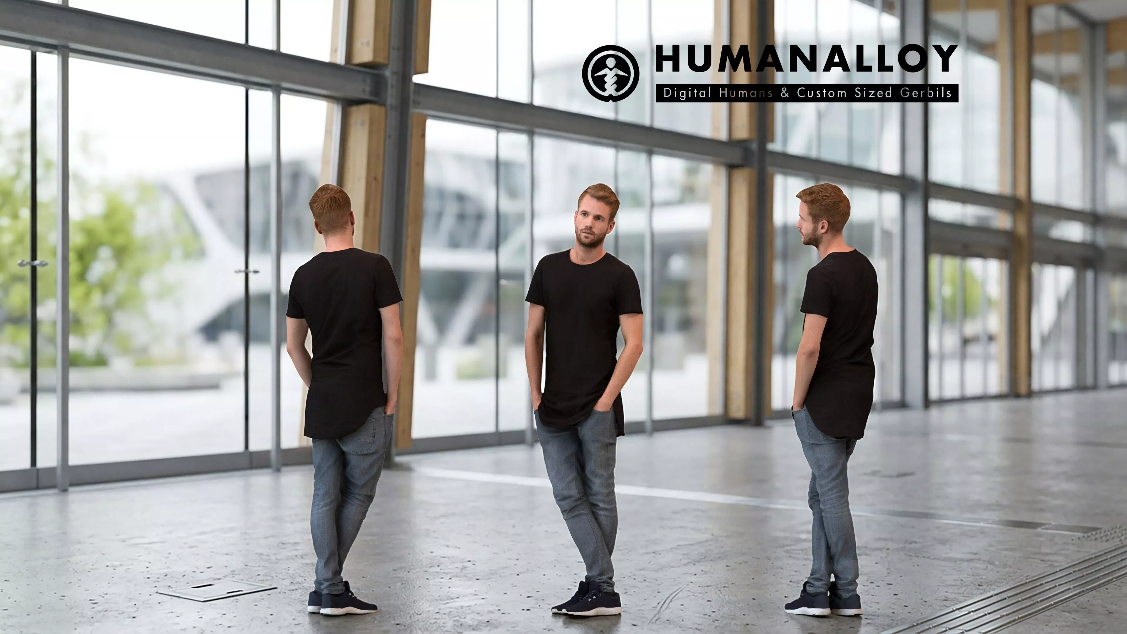 Adult Caucasian man waiting in public space in transitional 3D model