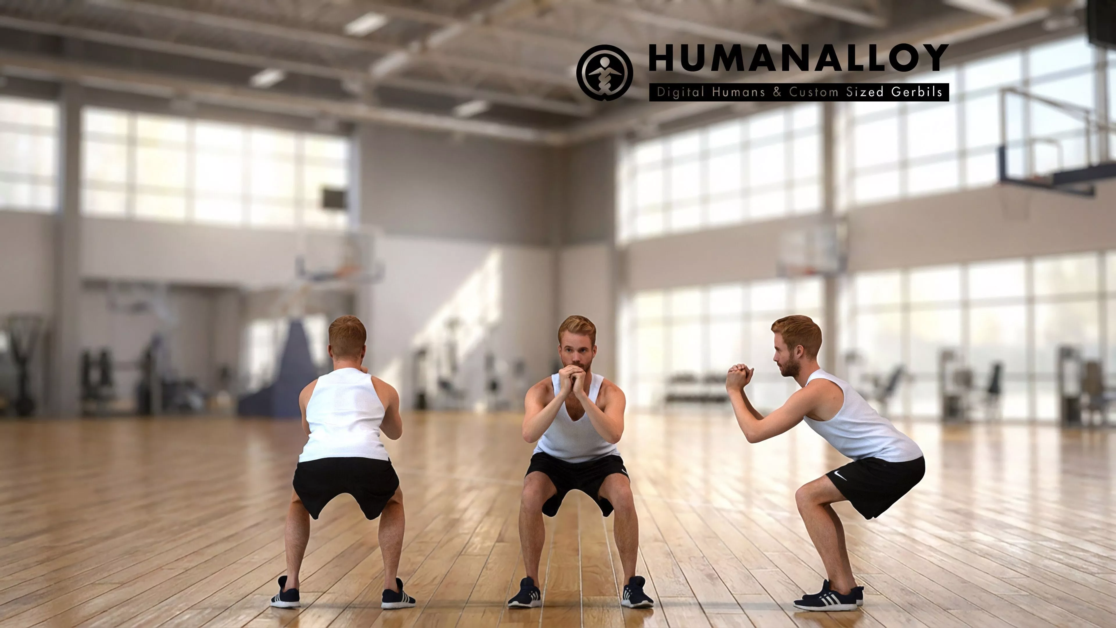Adult Caucasian man exercising in sports facility wearing 3D model