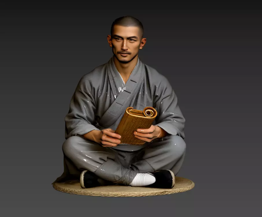 B190- A young monk sitting in a haystack holding scriptures 3D model