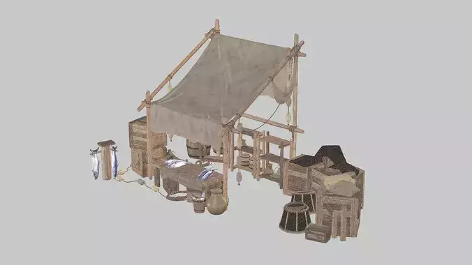 Medieval Market Fish Shop Low Poly 3D Model Low-poly 3D model 3