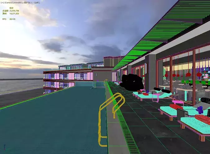 Luxury Hotel Infinity Pool Exterior Scene - MAX OBJ FBX 3D model 3