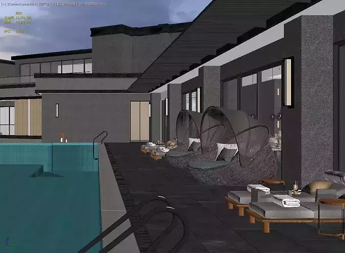 Luxury Hotel Infinity Pool Exterior Scene - MAX OBJ FBX 3D model 4