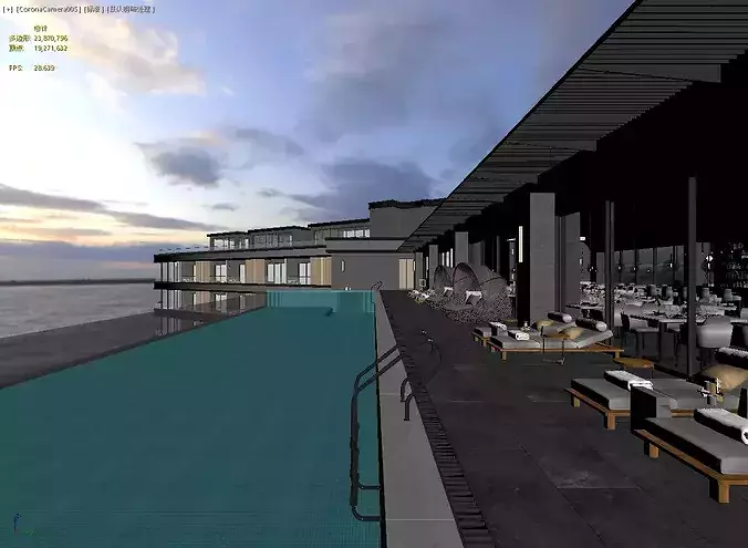 Luxury Hotel Infinity Pool Exterior Scene - MAX OBJ FBX 3D model 2