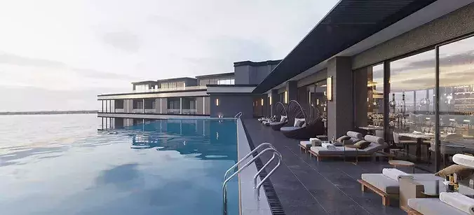 Luxury Hotel Infinity Pool Exterior Scene - MAX OBJ FBX 3D model
