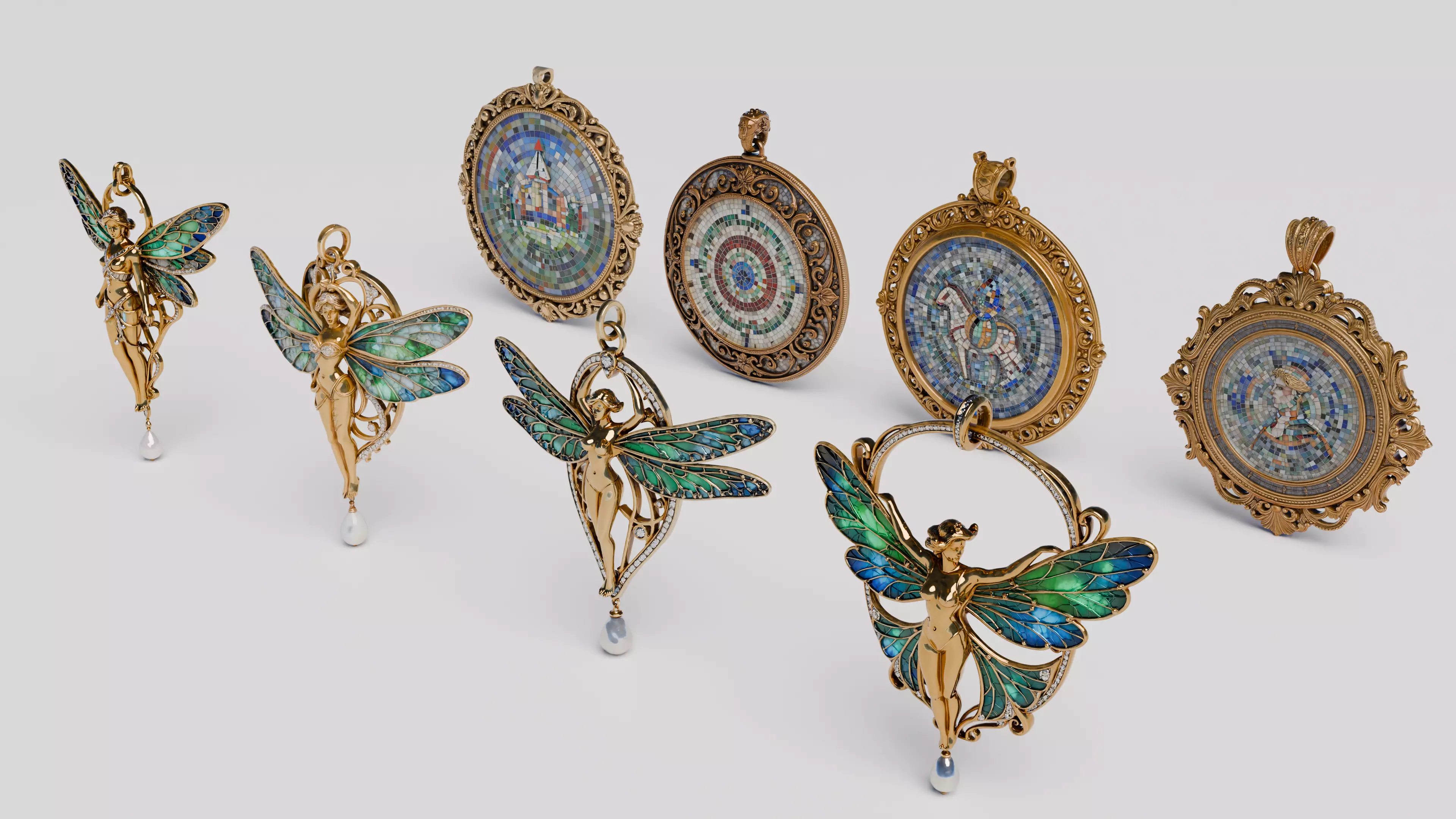 Art Nouveau Fairy and Mosaic Jewelry Pendants Collection 3D model