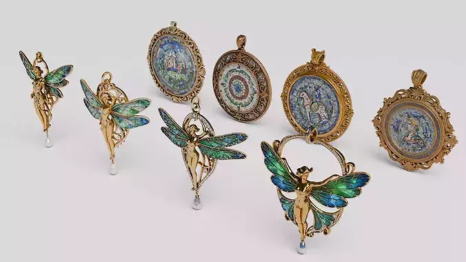 Art Nouveau Fairy and Mosaic Jewelry Pendants Collection