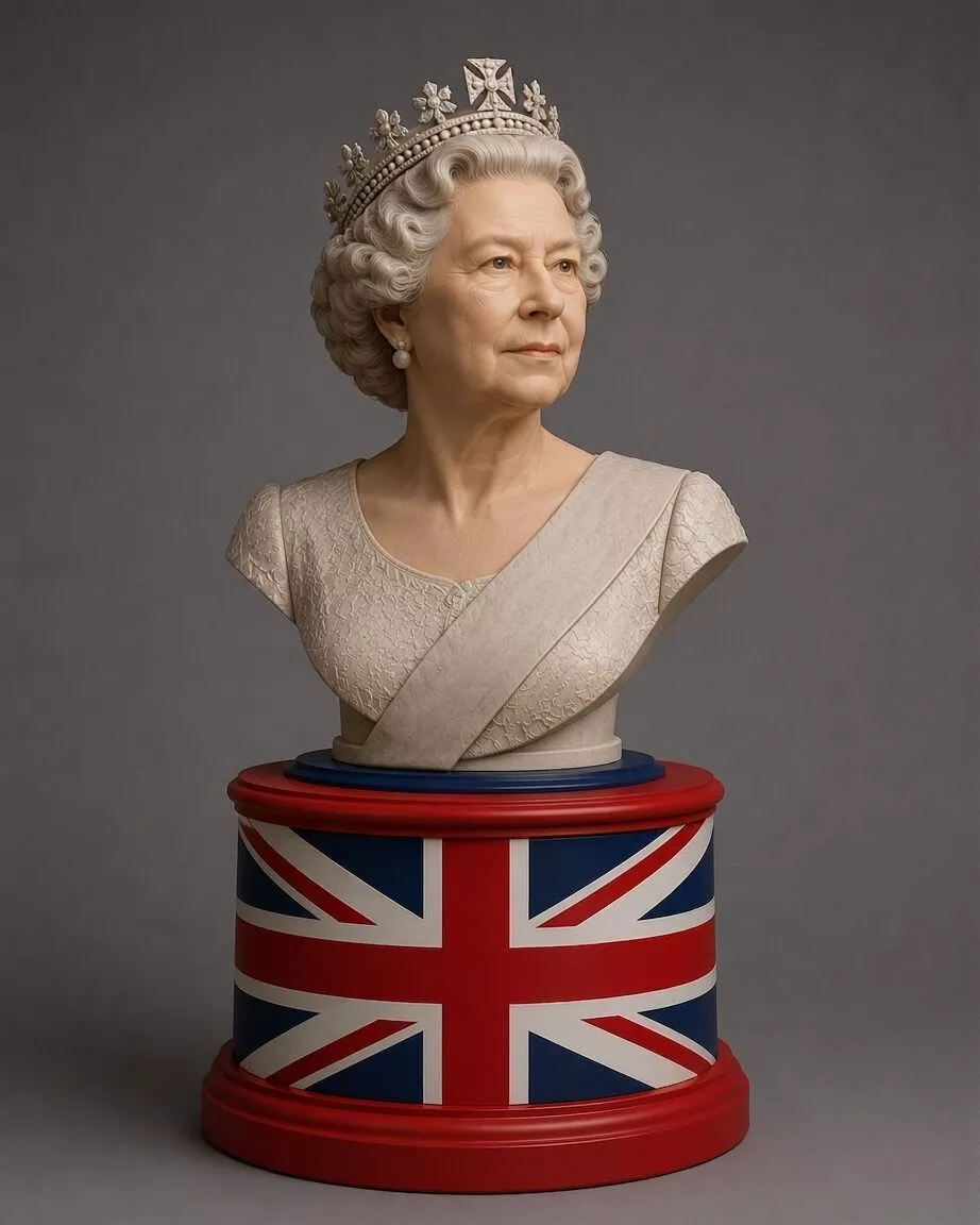 Royal Queen Bust with Union Jack Base 3D print model