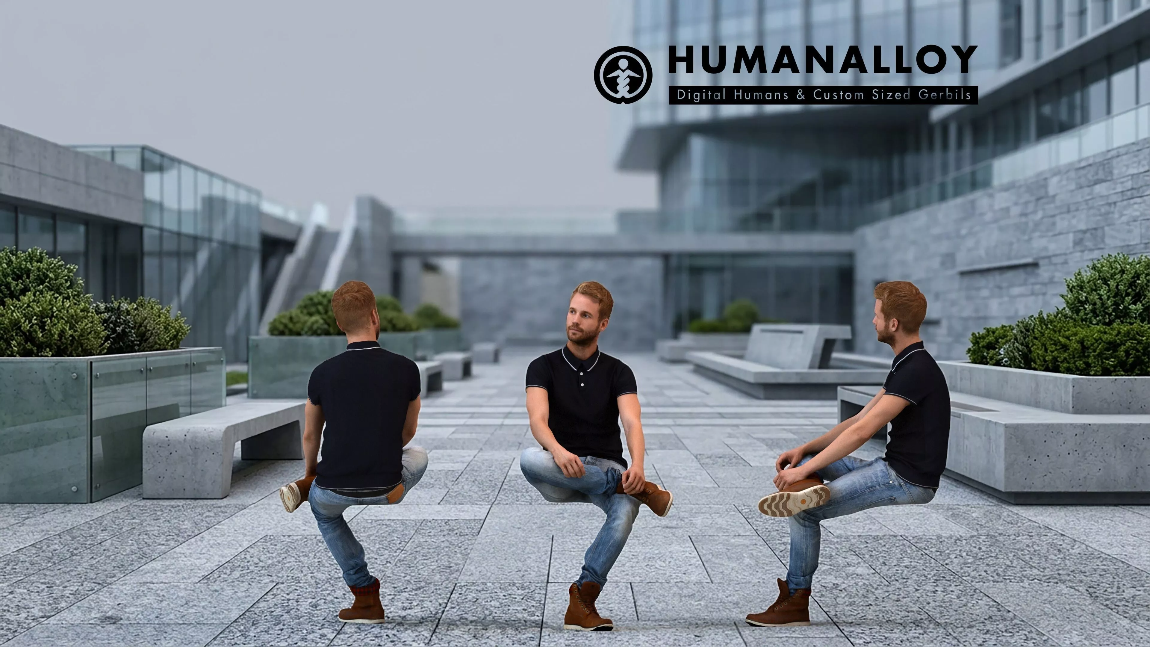 Adult Caucasian man relaxing seated in public wearing autumn or 3D model