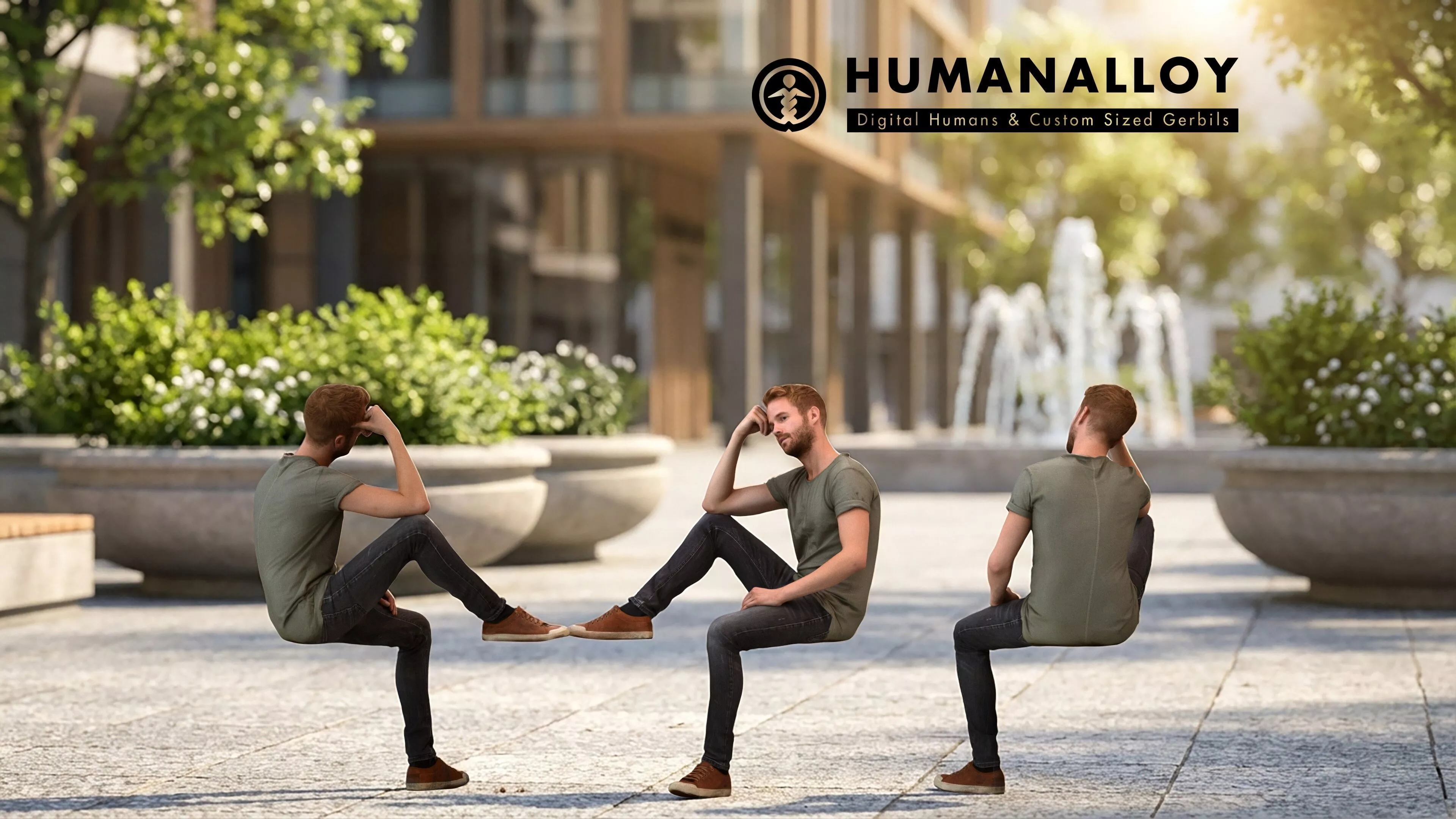 Adult Caucasian man relaxing in public space wearing 3D model