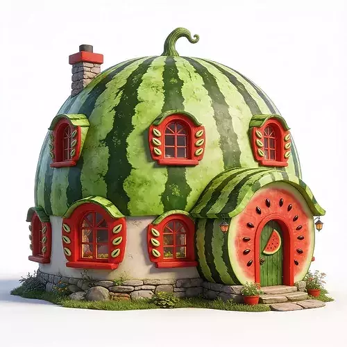 Stylized 3D Whimsical Watermelon House Model