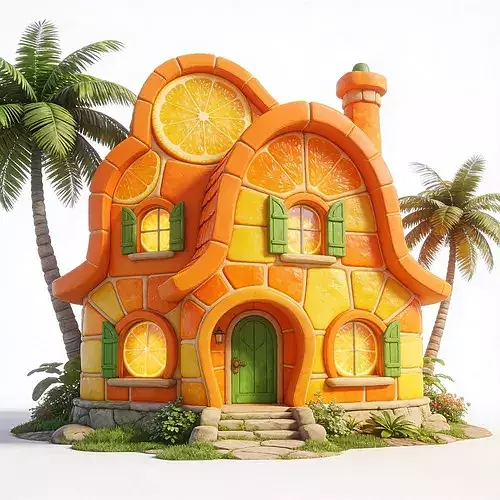 Stylized 3D Whimsical Orange House Cafe Model