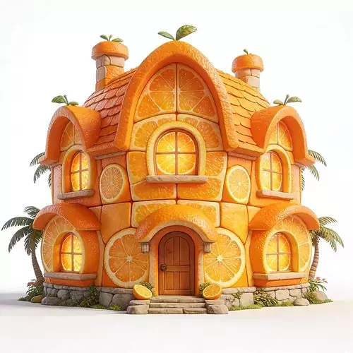 Stylized 3D Whimsical Orange House Model
