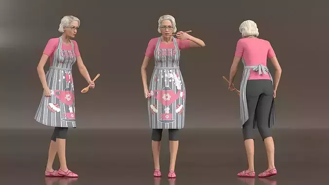 Elderly Female Chef with Apron Rigged for Cinema 4D 3D model 6